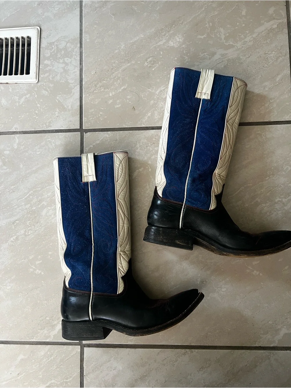 Men's Navy Blue and White Western Cowboy Boots